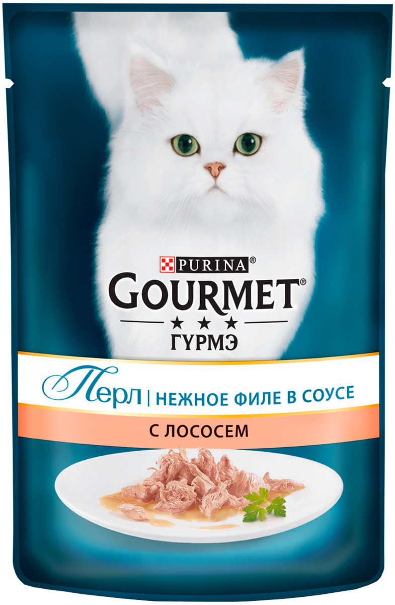 Gourmet Perle для взрослых кошек нежное филе с лососем в соусе  (85 гр)