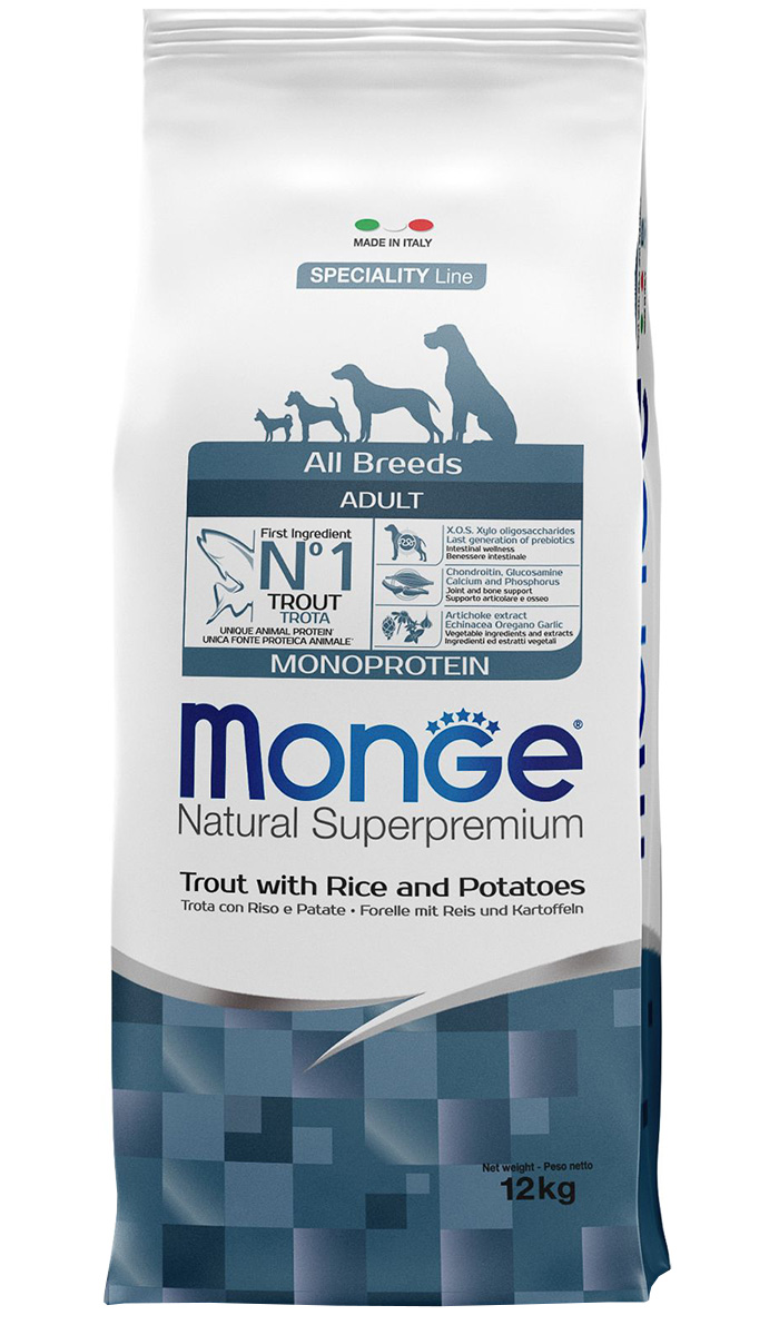 Monge Speciality Monoprotein Dog Trout монобелковый для взрослых собак всех пород с форелью, рисом и картофелем (12 + 12 кг)