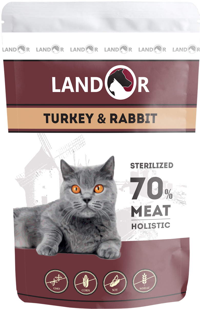 Landor Cat Adult Sterilized Turkey & Rabbit для взрослых кастрированных котов и стерилизованных кошек с индейкой и кроликом 85 гр (85 гр х 12 шт)