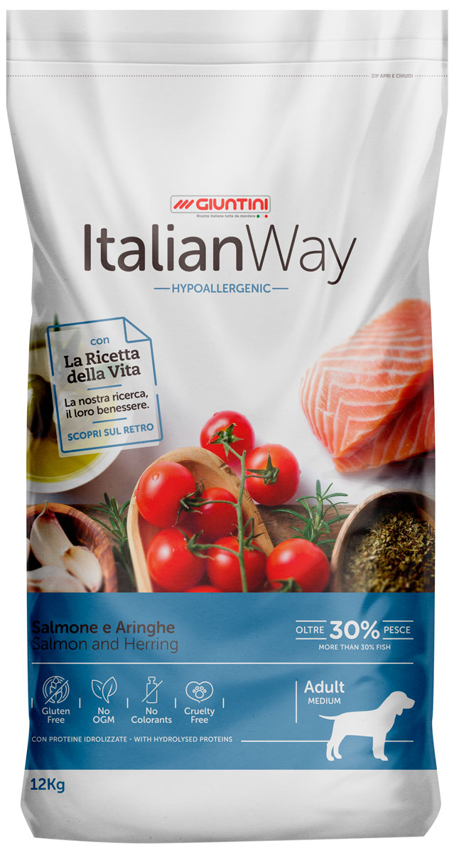  Italian Way Dog Adult Medium Hypoallergenic безглютеновый гипоаллергенный для взрослых собак средних пород с чувствительной кожей с лососем и сельдью (12 кг)