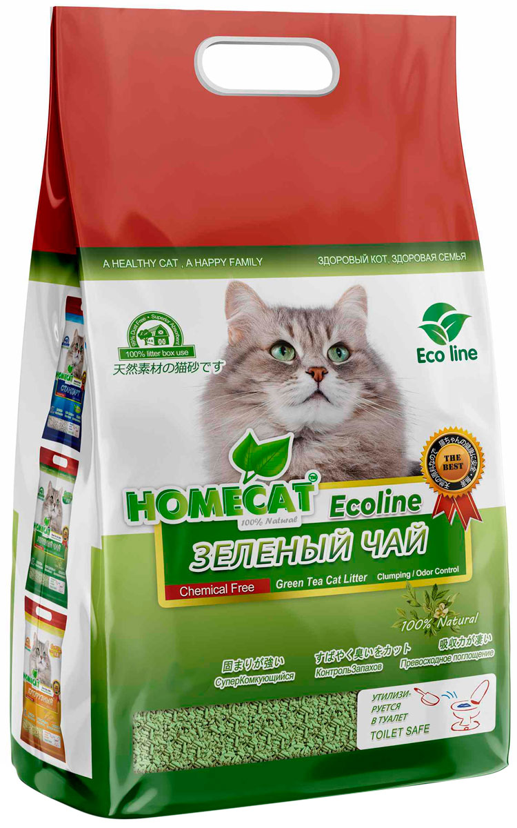 Homecat эколайн зеленый чай наполнитель комкующийся для туалета кошек (6 л)