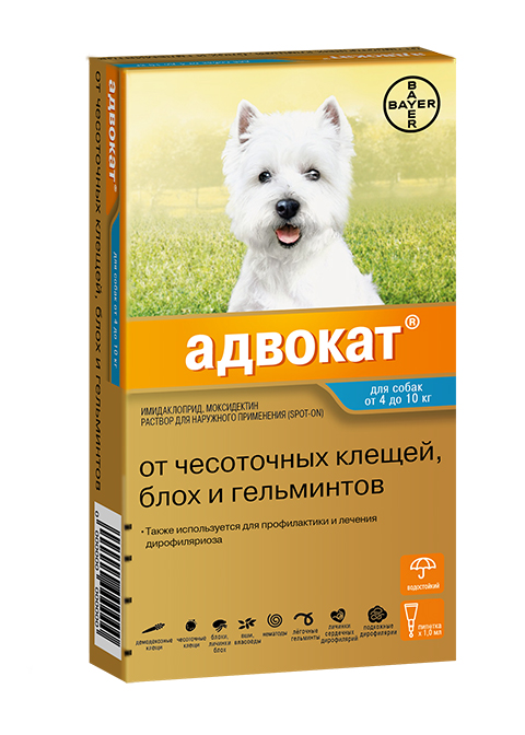 Advocate 100 – Адвокат капли для собак весом от 4 до 10 кг против клещей, блох, вшей, власоедов и кишечных круглых червей 1 пипетка по 1 мл Bayer (1 пипетка)