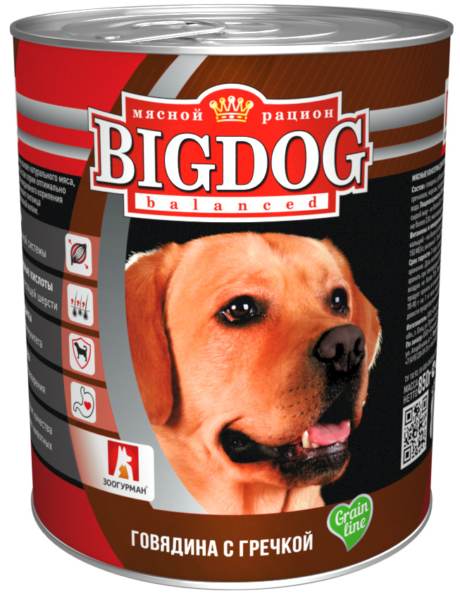 зоогурман Big Dog для взрослых собак с говядиной и гречкой  (850 гр)