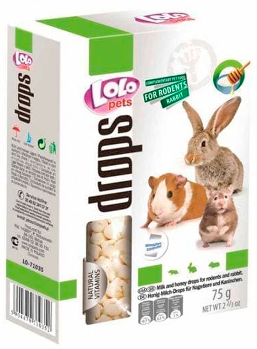 Для всех пород Lolo Pets Drops дропсы для грызунов и кроликов медово-молочные (75 гр)