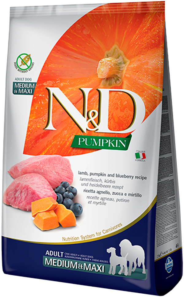 Farmina Dog N&d Grain Free Pumpkin Adult Medium & Maxi Lamb & Blueberry беззерновой для взрослых собак средних и крупных пород с ягненком, черникой и тыквой (2,5 кг)
