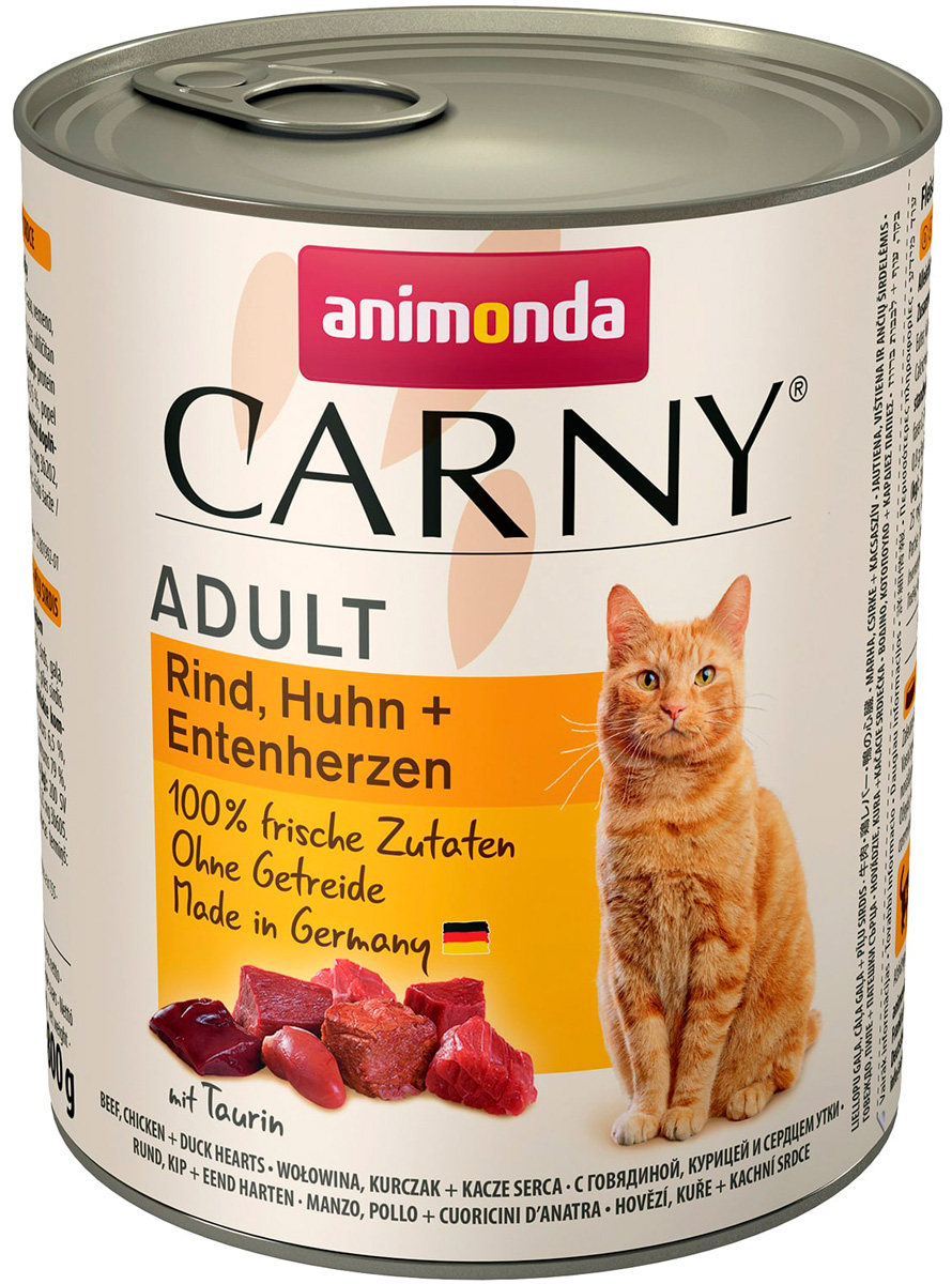 Animonda Carny Adult Rind, Huhn & Entenherzen для взрослых кошек с говядиной, курицей и сердцем утки (400 гр)