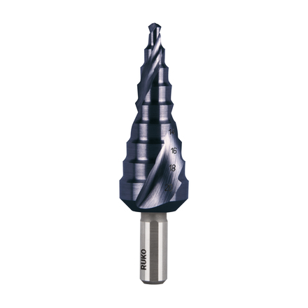 RUKO RK-101051F Сверло ступенчатое 4,0-20,0 мм, 9 ступеней, HSS TiAlN, 118°, со спиральными стружечными канавками