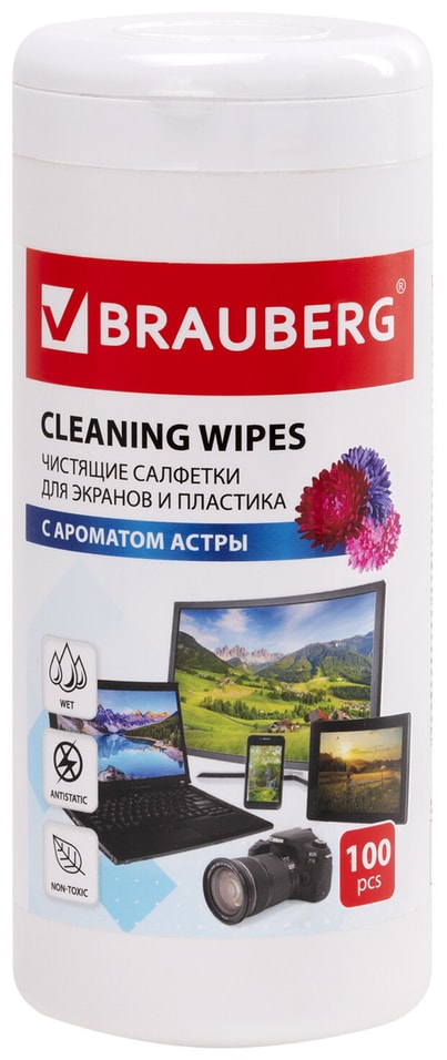 Салфетки влажные Brauberg для экранов всех типов и пластика с ароматом астра 100шт