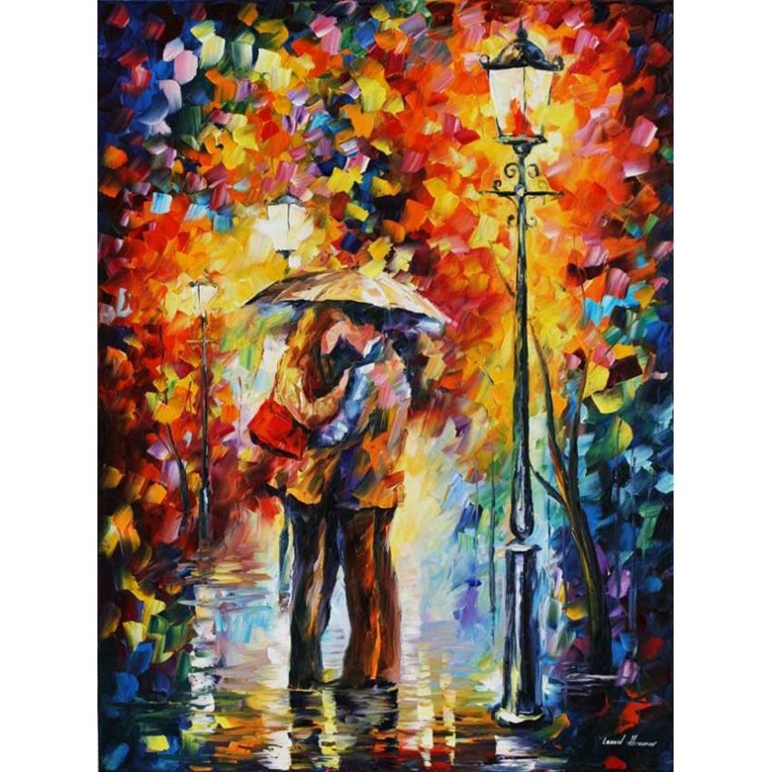 Живопись на картоне «Поцелуй по дождем»