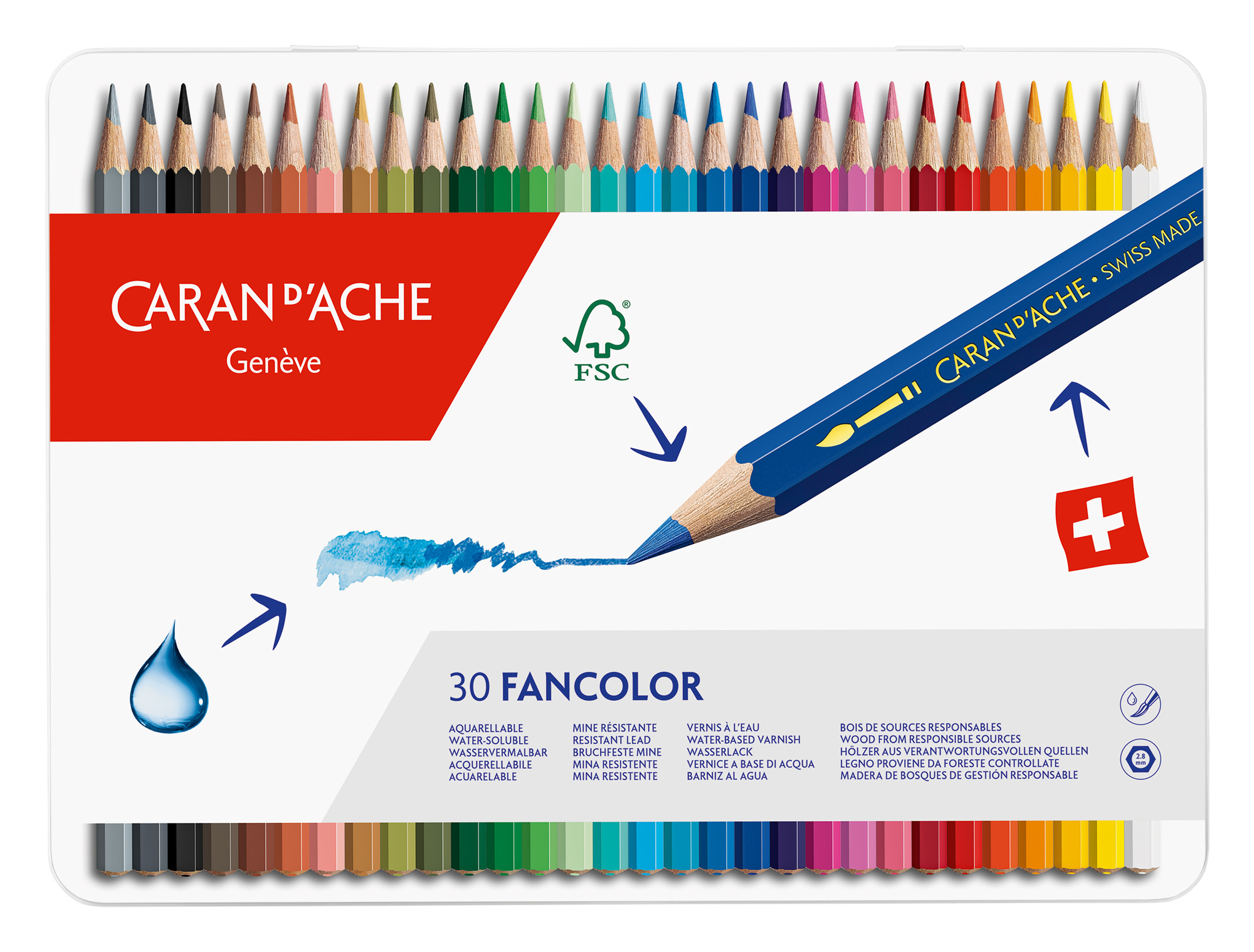 Цветные карандаши Карандаши цветные акварельные Carandache 1288.330 Fancolor шестигранные дерево d=2.8мм мет.кор. (30шт)