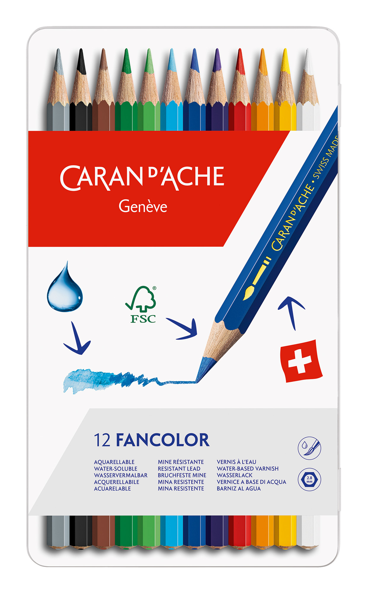 Цветные карандаши Карандаши цветные акварельные Carandache 1288.312 Fancolor шестигранные дерево d=2.8мм мет.кор. (12шт)