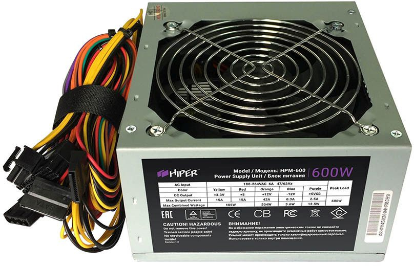 Блок питания Hiper ATX 600W HPM-600 (24+4+4pin) PPFC 120mm fan 4xSATA