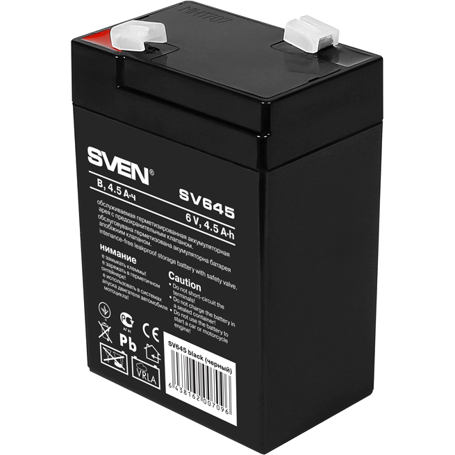 Батарея SVEN SV 645 (6V 4.5Ah), напряжение 6В, емкость 4.5А*ч, макс. ток разряда 67А, макс. ток заряда 1.35А, свинцово-кислотная типа AGM, тип клемм F1, Д/Ш/В 70/47/100, 0.8 кг Sven SV-0222064