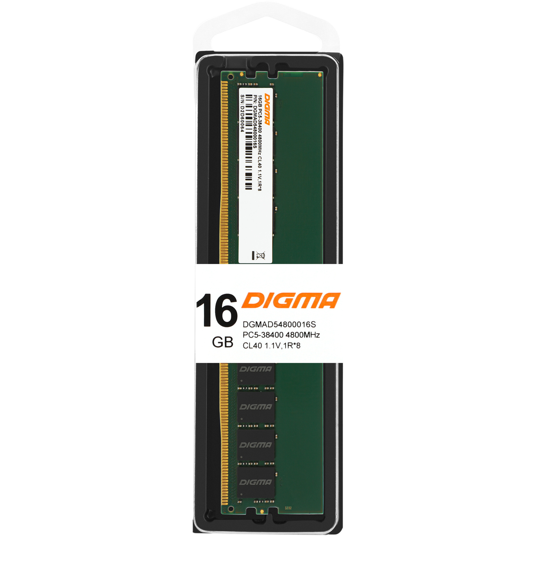   Неватека Память DDR5 16Gb 4800MHz Digma DGMAD54800016S RTL PC5-38400 CL40 DIMM 288-pin 1.1В single rank