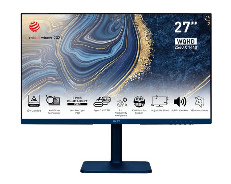 Монитор MSI Modern MD272QP Ultramarine 27" 16:9 WQHD(2560x1440)IPS,5ms(GTG),1000:1,100M:1,300nit,178/178,1xHDMI 1.4,1xDP 1.2,USB-C,2xUSB 2.0 Type-A,1xUSB 2.0 Type-B,Tilt,Swivel,Height,Pivot,VESA,75Hz,1y w-ty (9S6-3PB19H-041)