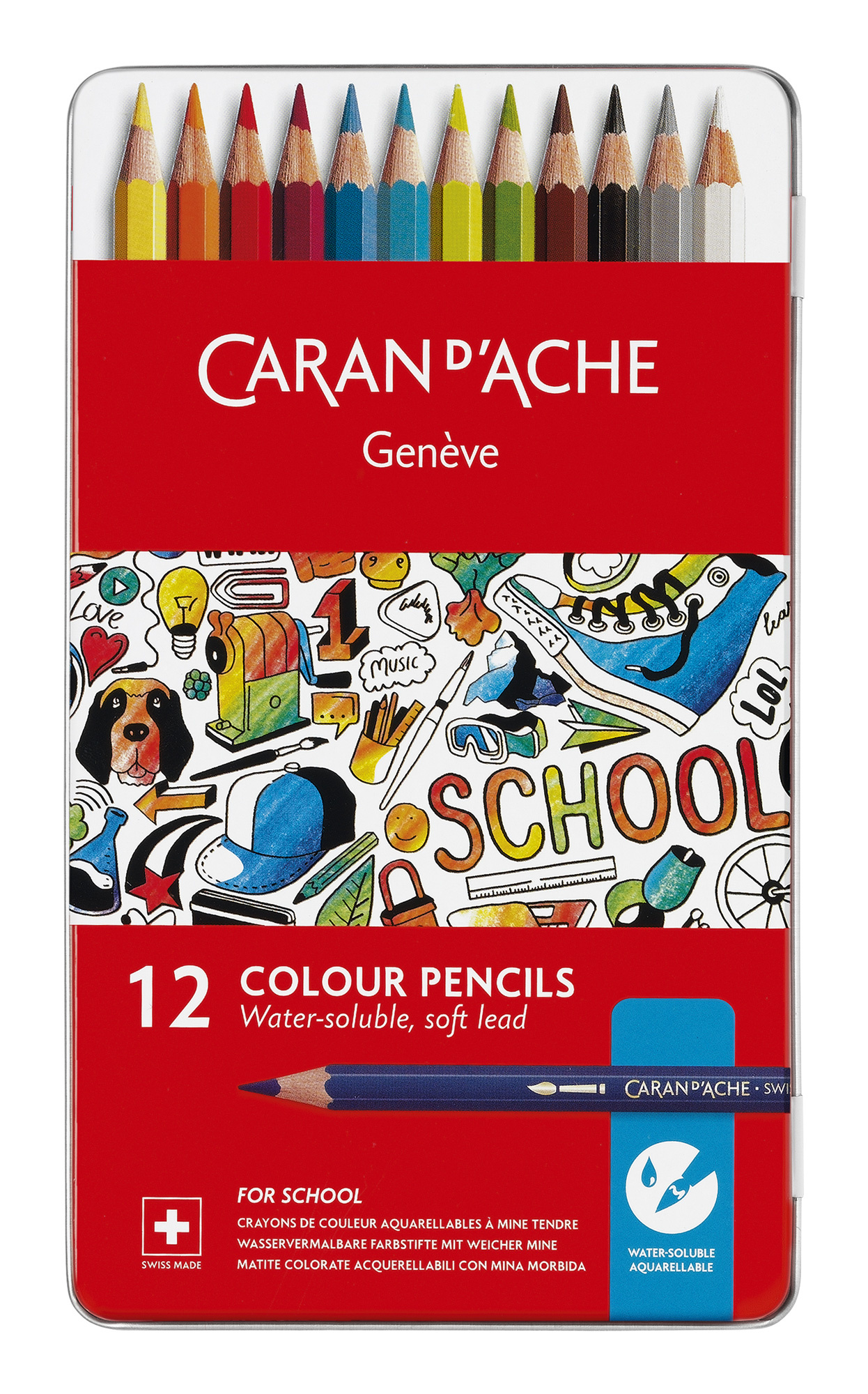 Карандаши цветные акварельные Carandache School 1290.312 шестигранные дерево металлик мет.кор. (12шт)