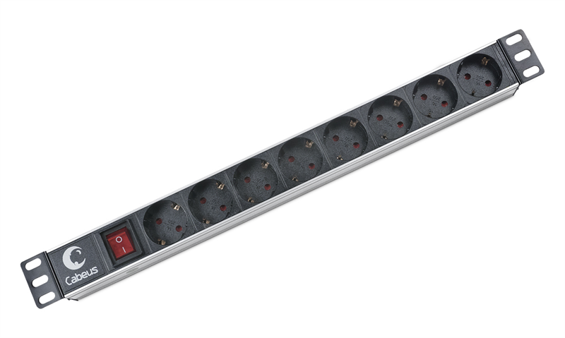 Cabeus PDU-8P Блок евророзеток для 19" шкафов, горизонтальный, 8 розеток, 10 A, выключатель, гнездо под шнур, алюминиевый корпус (PDU-8P)