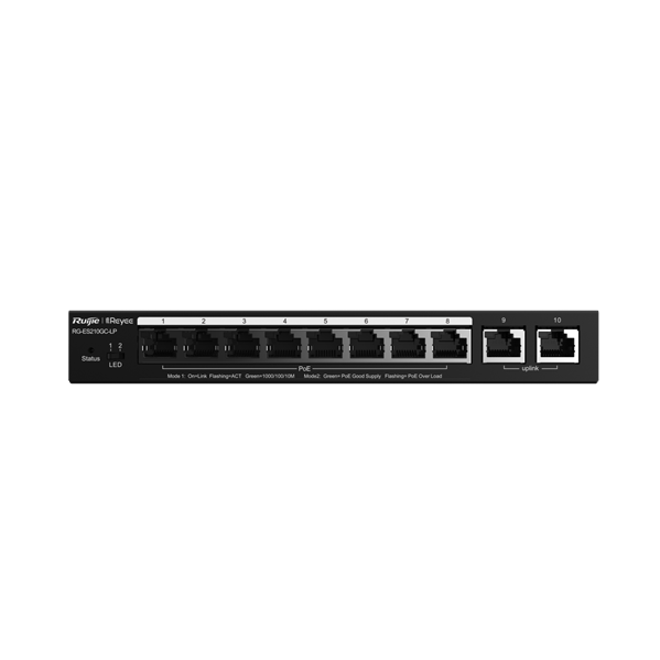 Коммутатор Reyee 10-Port Gigabit Smart POE Switch, 8 PoE/POE+ Ports with 2 Gigabit RJ45 uplink ports, 70W PoE power budget, Desktop Steel Case (RG-ES210GC-LP)