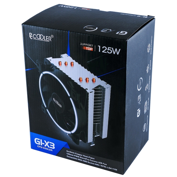 PCCooler GI-X3B V2 Кулер S775/115X/20XX/AM2/AM3/AM4 (TDP 125W, вент-р 120мм с PWM, 3 тепловые трубки 6мм, синяя LED подсветка, 1000-1800RPM, 26.5dBa) {24} (111610)