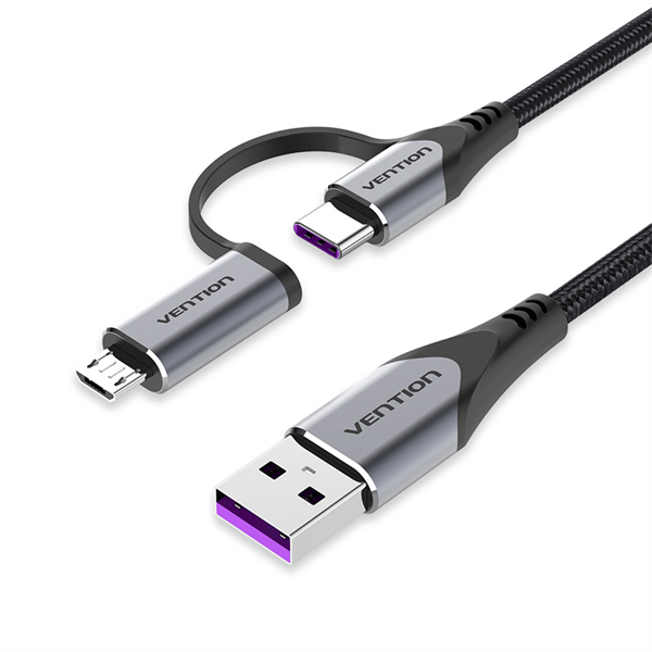 Переходник Vention USB 2.0 A Male to 2-in-1 USB-C&Micro-B Male 5A Cable 1M Gray Aluminum Alloy Type (CQFHF)