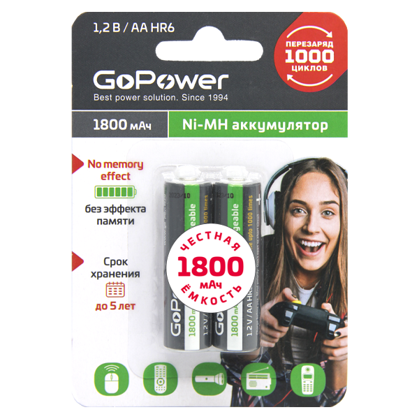   Неватека Аккумулятор бытовой GoPower HR6 AA BL2 NI-MH 1800mAh (2/20/240) блистер (2 шт.) Аккумулятор бытовой GoPower HR6 AA (00-00015317)