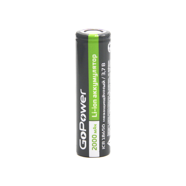   Неватека Аккумулятор Li-ion GoPower ICR18650 PC1 3.7V 2000mAh без защиты плос.конт. (1/80/160) Аккумулятор Li-ion GoPower ICR18650 без защиты с плоскими контактами (00-00021267)