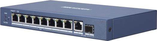 Неуправляемый коммутатор. 8 RJ45 1000M PoE с грозозащитой 6кВ, 1 Uplink порт 1000М Ethernet,1 1000М SFP uplink порт; бюджет PoE 58Вт;таблица MAC адресов на 4000 записей; пропускная способность 20Гб/с; стандарты PoE: IEEE802.3af, IEEE802.3at; 48 VDC, 1.35