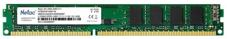 Память DDR3 4Gb 1600MHz Netac NTBSD3P16SP-04 Basic RTL PC3-12800 CL11 DIMM 240-pin 1.5В