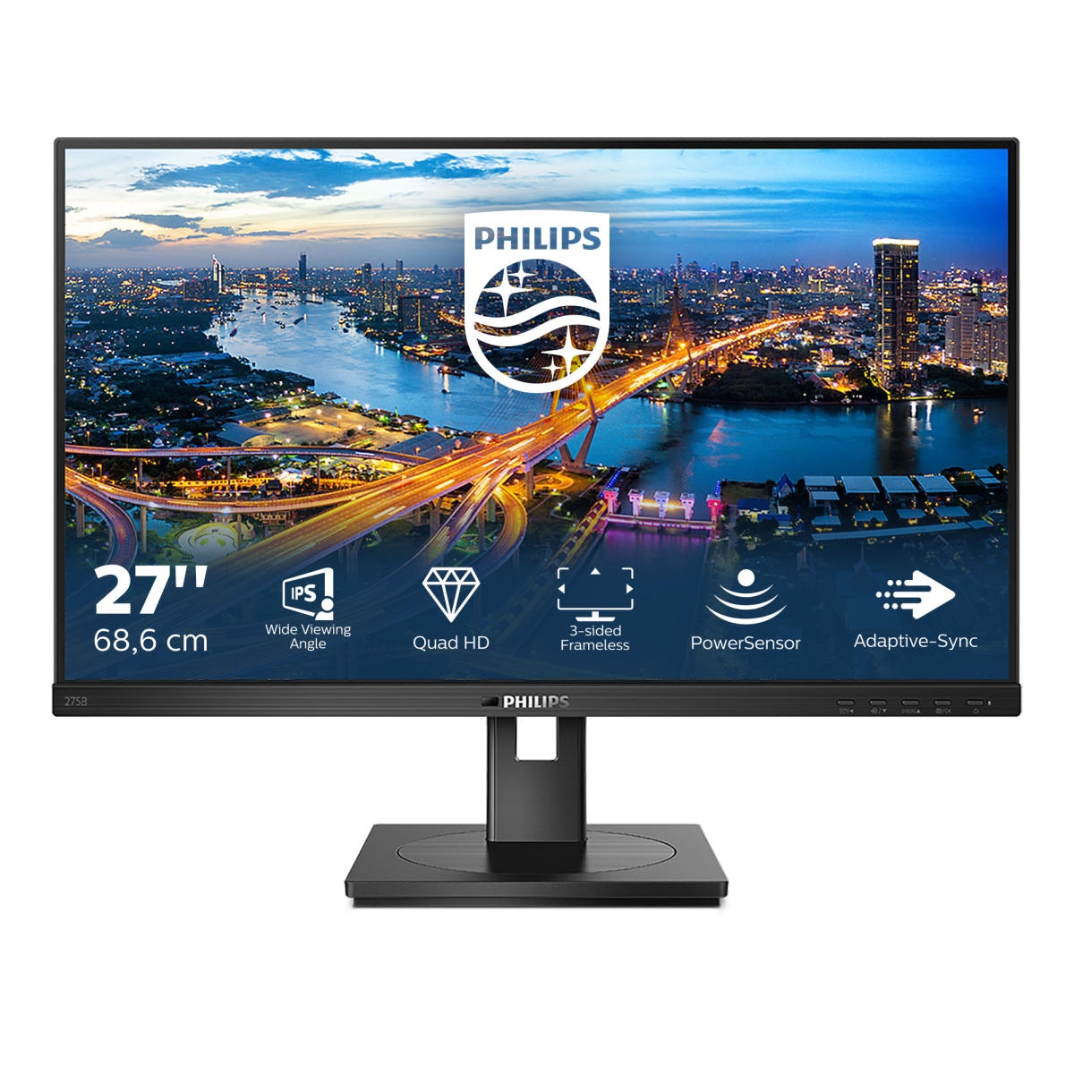 Монитор LCD 27'' 16:9 2560х1440(WQHD) IPS, nonGLARE, 350cd/m2, 75 Гц, H178°/V178°, 1000:1, 50M:1, 16.7M, 4ms, VGA, DVI, HDMI, DP, USB-Hub, Height adj, Tilt, Swivel, Speakers, 2Y, Black