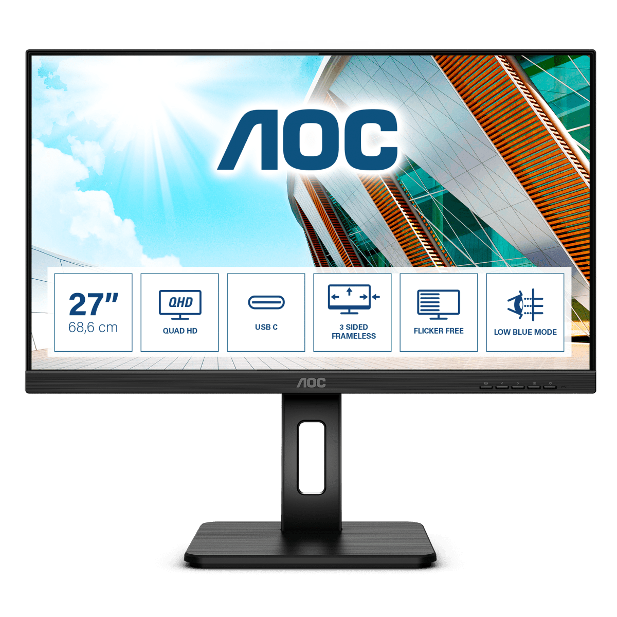 Монитор AOC 27" Professional Q27P2CA черный IPS LED 4ms 16:9 DVI HDMI M/M матовая HAS Pivot 1000:1 300cd 178гр/178гр 2560x1440 D-Sub DisplayPort FHD USB 6.3кг