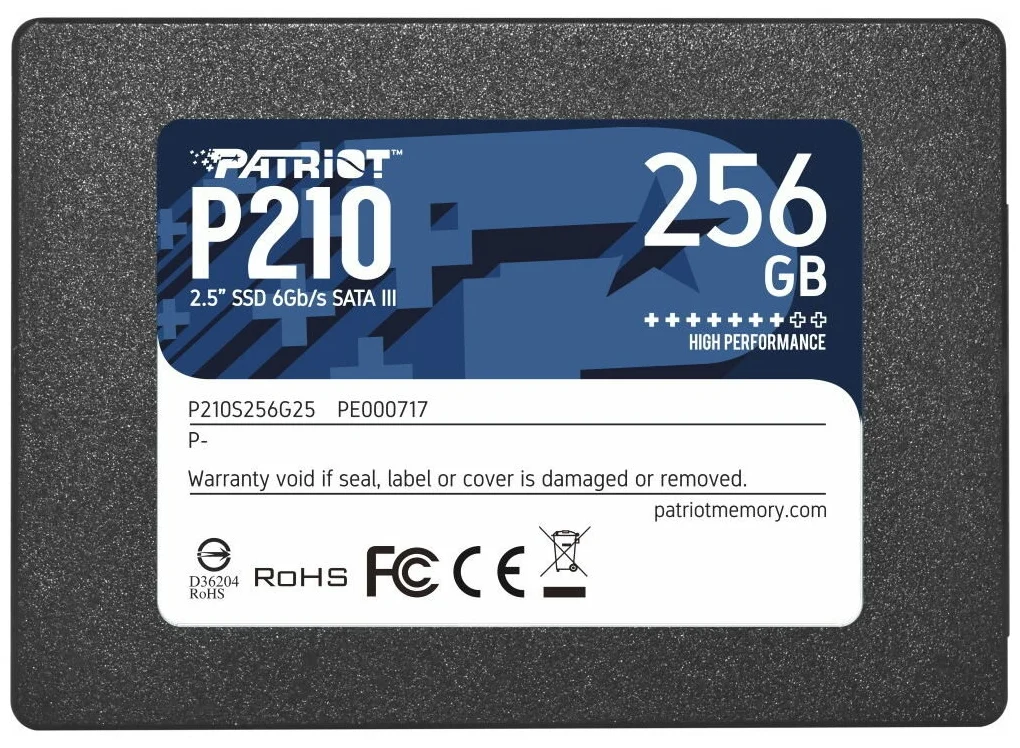 SSD PATRIOT P210 256Гб Наличие SATA 3.0 3D NAND Скорость записи 400 Мб/сек. Скорость чтения 500 Мб/сек. 2,5" TBW 120 Тб P210S256G25