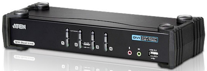 ATEN CS1784A Переключатель, электрон., KVM+Audio+USB 2.0, 1 user USB+DVI => 4 cpu USB+DVI, со шнурами USB 4х1.8м., 2560x1600 60Hz DVI-D Dual Link/2048x1536 DVI-A, настол., исп.стандарт.шнуры