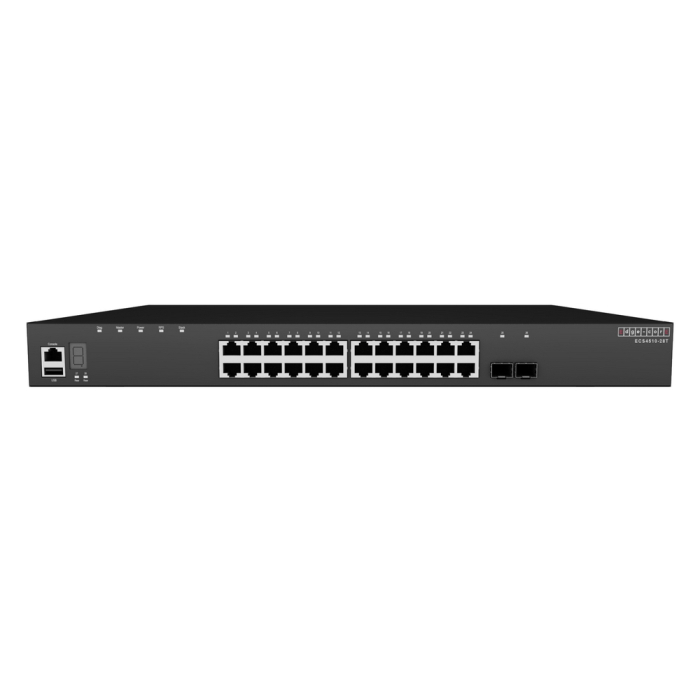 ECS4510-28T Edge-corE 24 x GE + 2 x 10G SFP+ ports + 1 x expansion slot (for dual 10G SFP+ ports) L2+ Stackable Switch, w/ 1 x RJ45 console port, 1 x USB type A storage port, RPU connector, fan-less design, Stack up to 4 units {3}