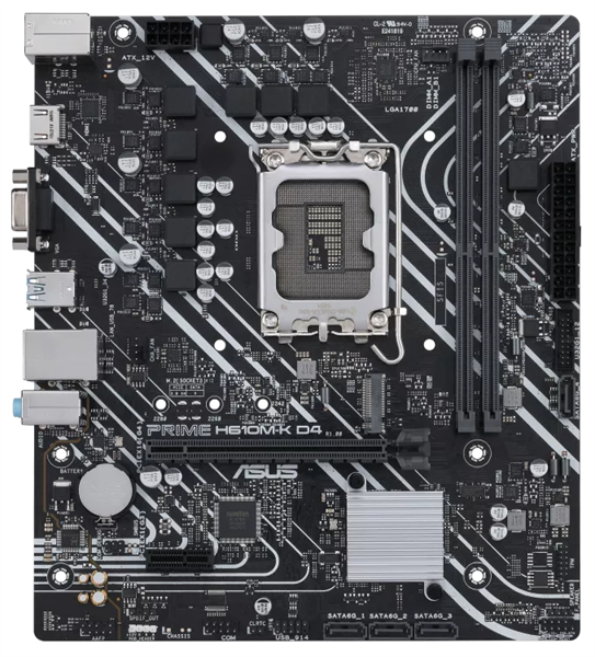 Материнская плата ASUS PRIME PRIME H610M-K D4, LGA1700, H610, 2*DDR4, D-Sub + HDMI, SATA3, Audio, Gb LAN, USB 3.2*4, USB 2.0*6, COM*1 header (w/o cable),mATX ; 90MB1A10-M0EAY0 (PRIME H610M-K D4)