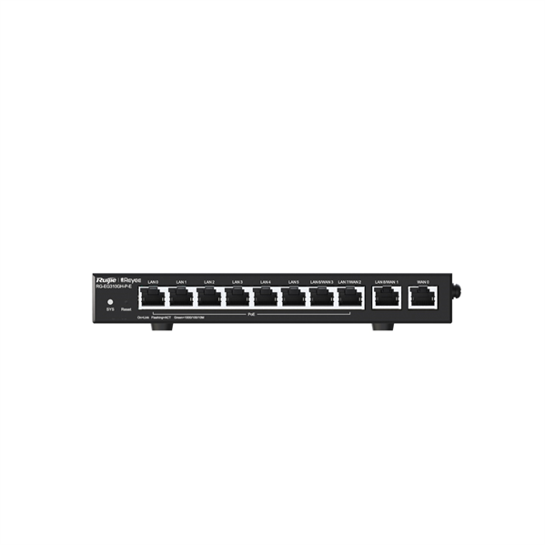 Маршрутизатор Reyee Desktop 10-port full gigabit router, providing one WAN port, six LAN ports, and three LAN/WAN ports; supporting eight PoE/PoE+ interfaces and maximum 110 W PoE power; recommended concurrency of (RG-EG310GH-P-E)