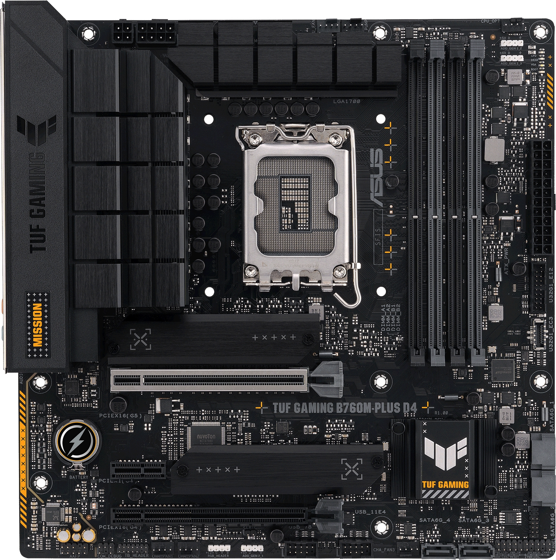 Материнская плата ASUS TUF GAMING B760M-PLUS D4, LGA1700, B760, 4*DDR4, HDMI+DP, 4xSATA3 + RAID, M2, Audio, Gb LAN, USB 3.2, USB 2.0, mATX; 90MB1DI0-M0EAY0 (TUF GAMING B760M-PLUS D4)