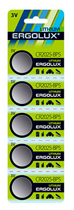 Батарея Ergolux Lithium CR2025-BP5 CR2025 150mAh (5шт) блистер