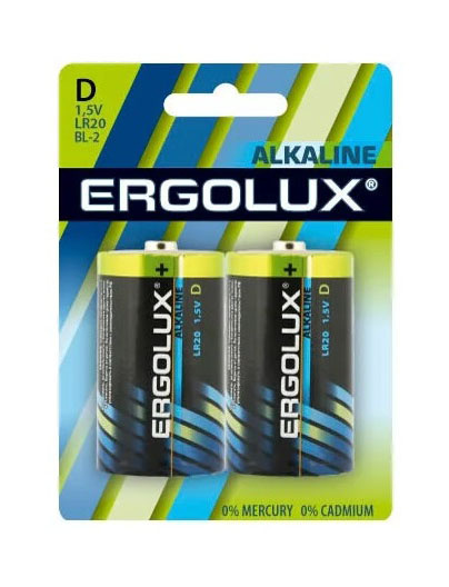 Батарея Ergolux Alkaline LR20 BL-2 D 21000mAh (2шт) блистер