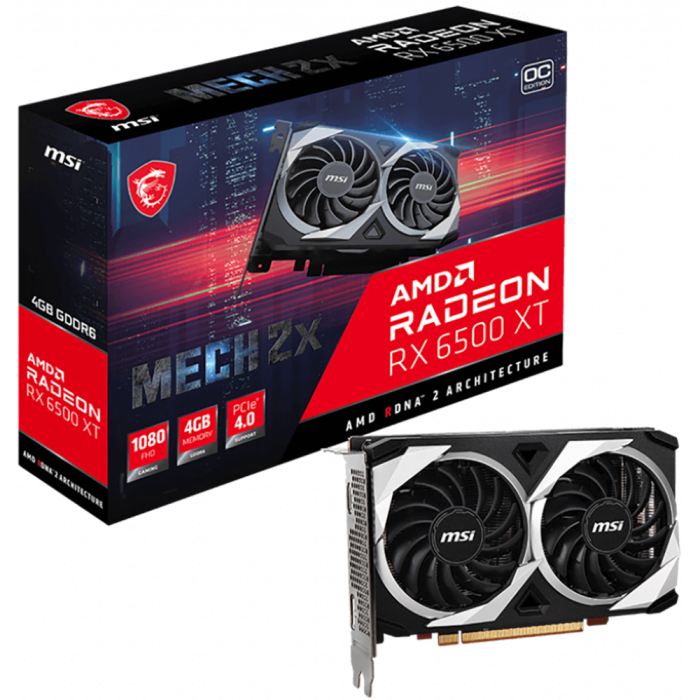 Видеокарта MSI PCI-E 4.0 RX 6500 XT MECH 2X 4G OC AMD Radeon RX 6500XT 4096Mb 64 GDDR6 2685/16000 HDMIx1 DPx1 HDCP Ret