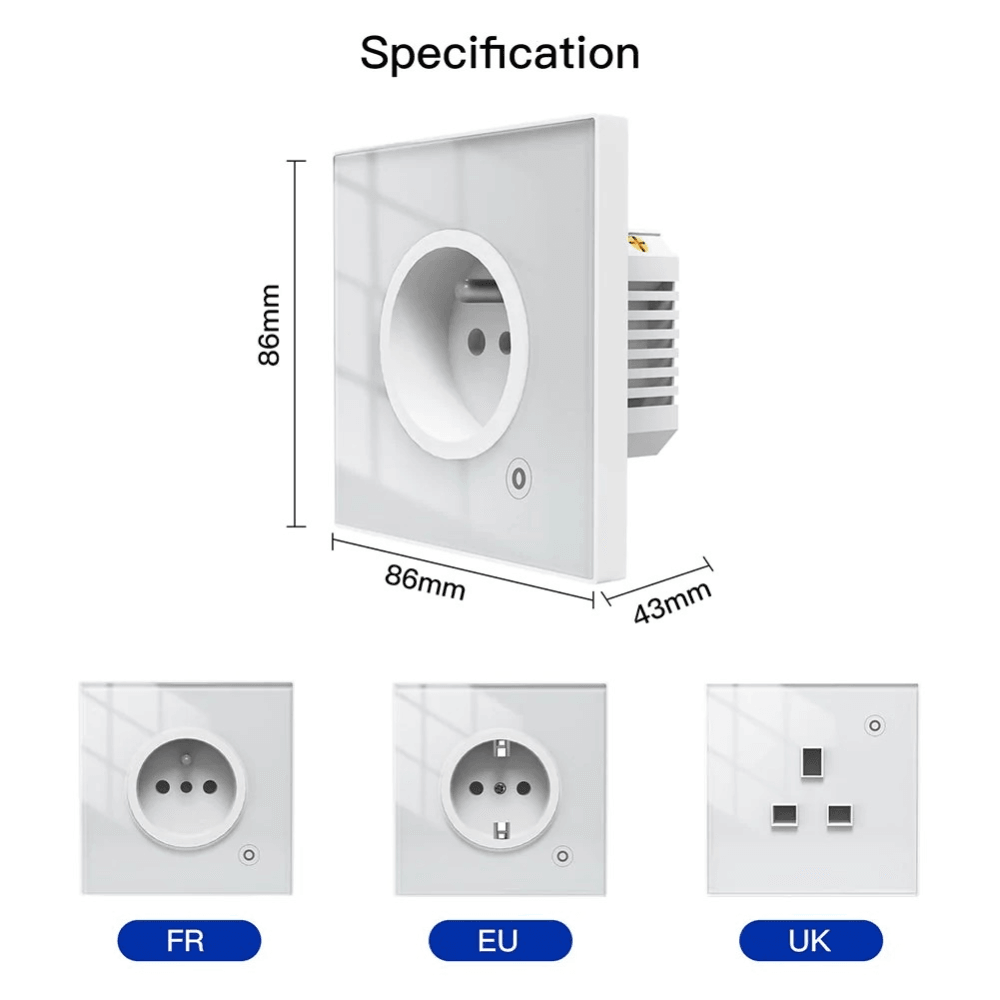 Умные розетки Розетка 1-пост. MOES Smart Socket WK-EU, Wi-Fi, 95-250 В, 16А, встраиваемая IP20, шторки + ЗК, белая