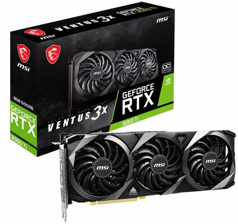   Неватека Видеокарта MSI PCI-E 4.0 RTX 3060 Ti VENTUS 3X 8G OC LHR NVIDIA GeForce RTX 3060Ti 8192Mb 256 GDDR6 1695/14000/HDMIx1/DPx3/HDCP Ret