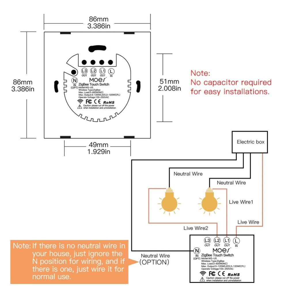 Умные выключатели Умный выключатель MOES Gang Smart Switch Sensor w/o grounding ZS-EU2, Zigbee, 100-240 В