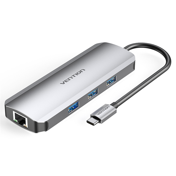 Док-станция Vention Multi-function USB-C to HDMI/USB3.0x3/RJ45/SD/TF/PD Docking Station 0.15M Gray Aluminum Alloy Type (TOKHB)