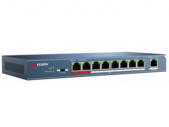 Неуправляемый коммутатор Hikvision DS-3E0109P-E (C) 9 RJ45 100M PoE с грозозащитой 6кВ, 2 порт с высоким приоритетом; 1 Uplink порт 100М Ethernet; бюджет PoE 115Вт; поддержка режима передачи до 250м,10Мб/с, CAT5e (DS-3E0109P-E(C))