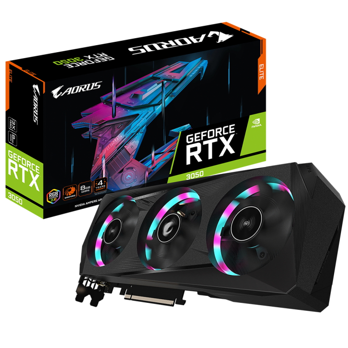 Видеокарта Gigabyte PCI-E 4.0 GV-N3050AORUS E-8GD NVIDIA GeForce RTX 3050 8192Mb 128 GDDR6 1860/14000 HDMIx2 DPx2 HDCP Ret