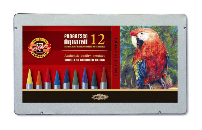 Карандаши цветные акварельные Koh-I-Noor Progresso Aquarell 8782 8782012001PLRU круглые 12цв. многоцветные/цельнографитные мет.кор. (12шт)