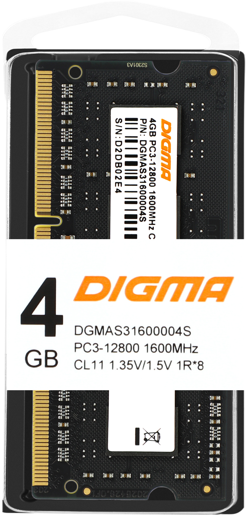  Память DDR3L 4Gb 1600MHz Digma DGMAS31600004S RTL PC3-12800 CL11 SO-DIMM 204-pin 1.35В single rank