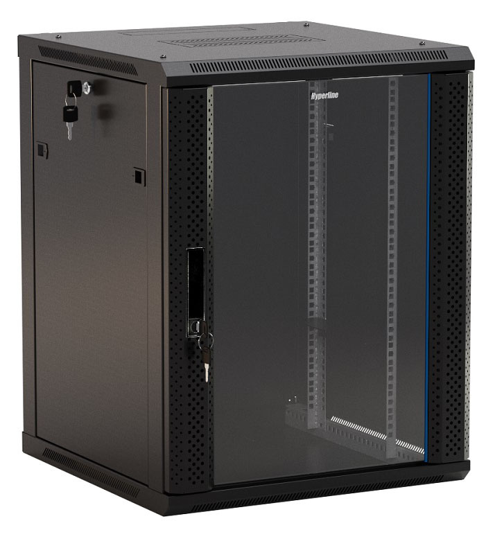 Шкаф серверный Hyperline (TWB-1245-GP-RAL9004) настенный 12U 600x450мм пер.дв.стекл 2 бок.пан. 60кг черный IP20 сталь