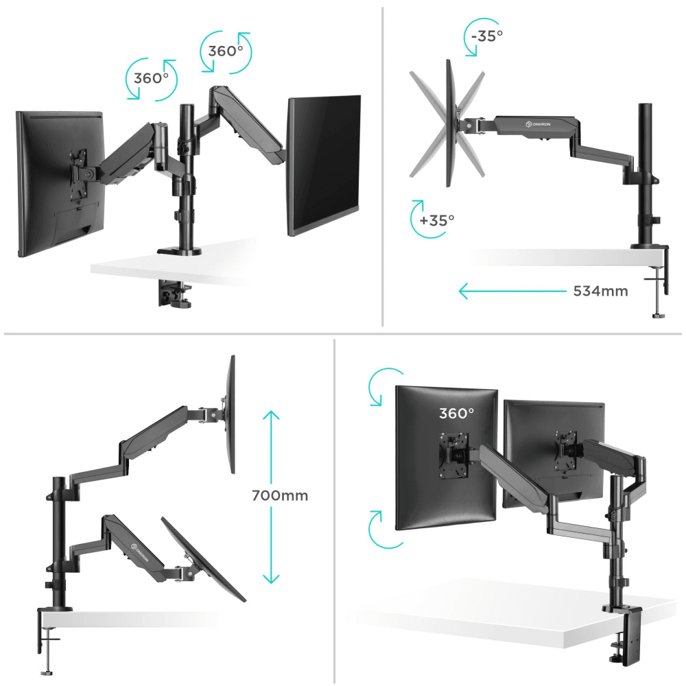 Настольный кронштейн-газлифт для двух мониторов ONKRON G140 чёрный