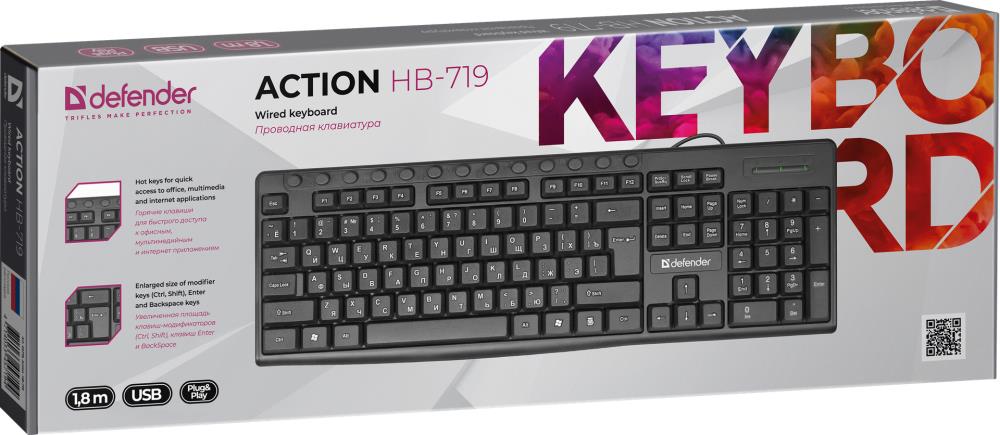 Defender Проводная клавиатура Action  HB-719 RU,черный,мультимедиа USB Defender Action HB-719 (45719)